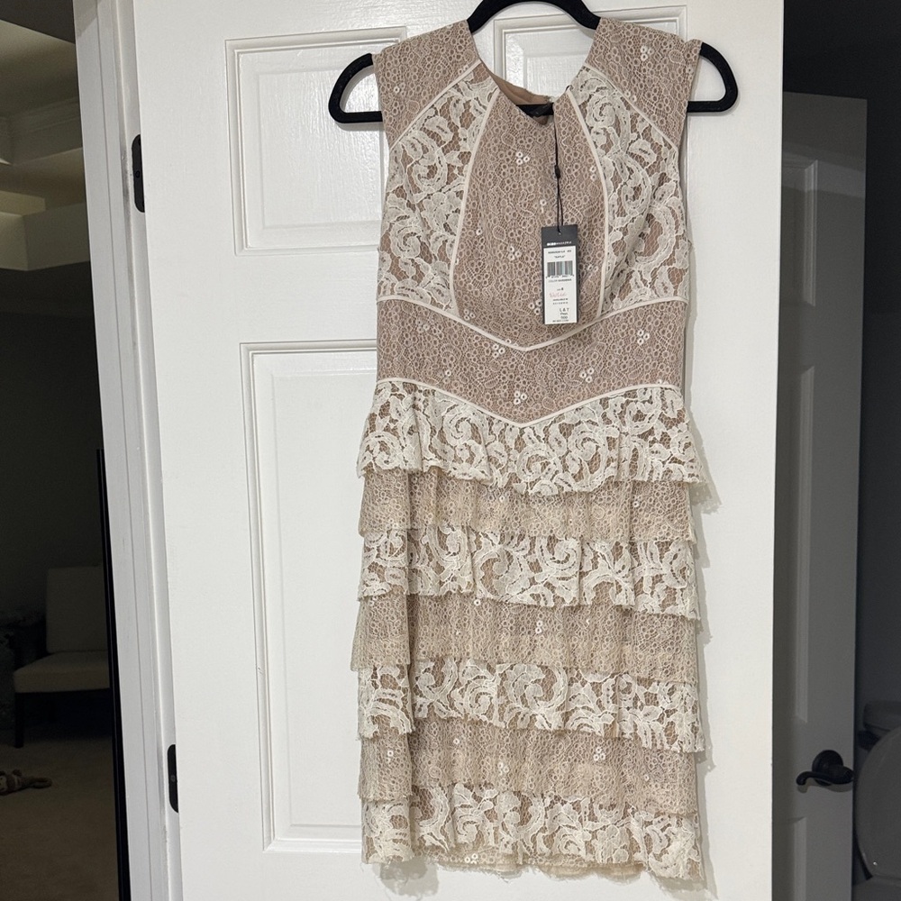BCBGMaxAzria Lace Tiered Mini Dress in Cream and Tan